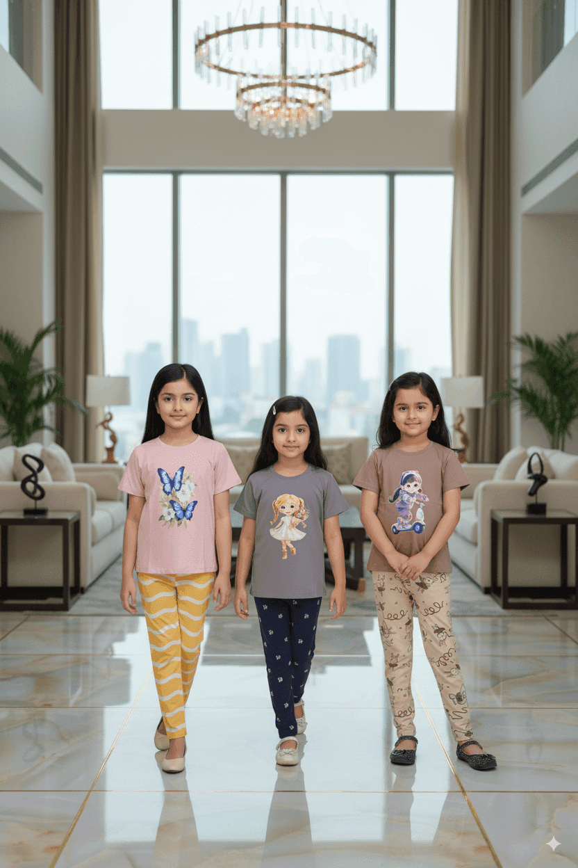 গার্লস লেগিংস এবং টি-শার্ট কম্বো সেট || Combo Code: OTL-D6 || Size 3-4 Years