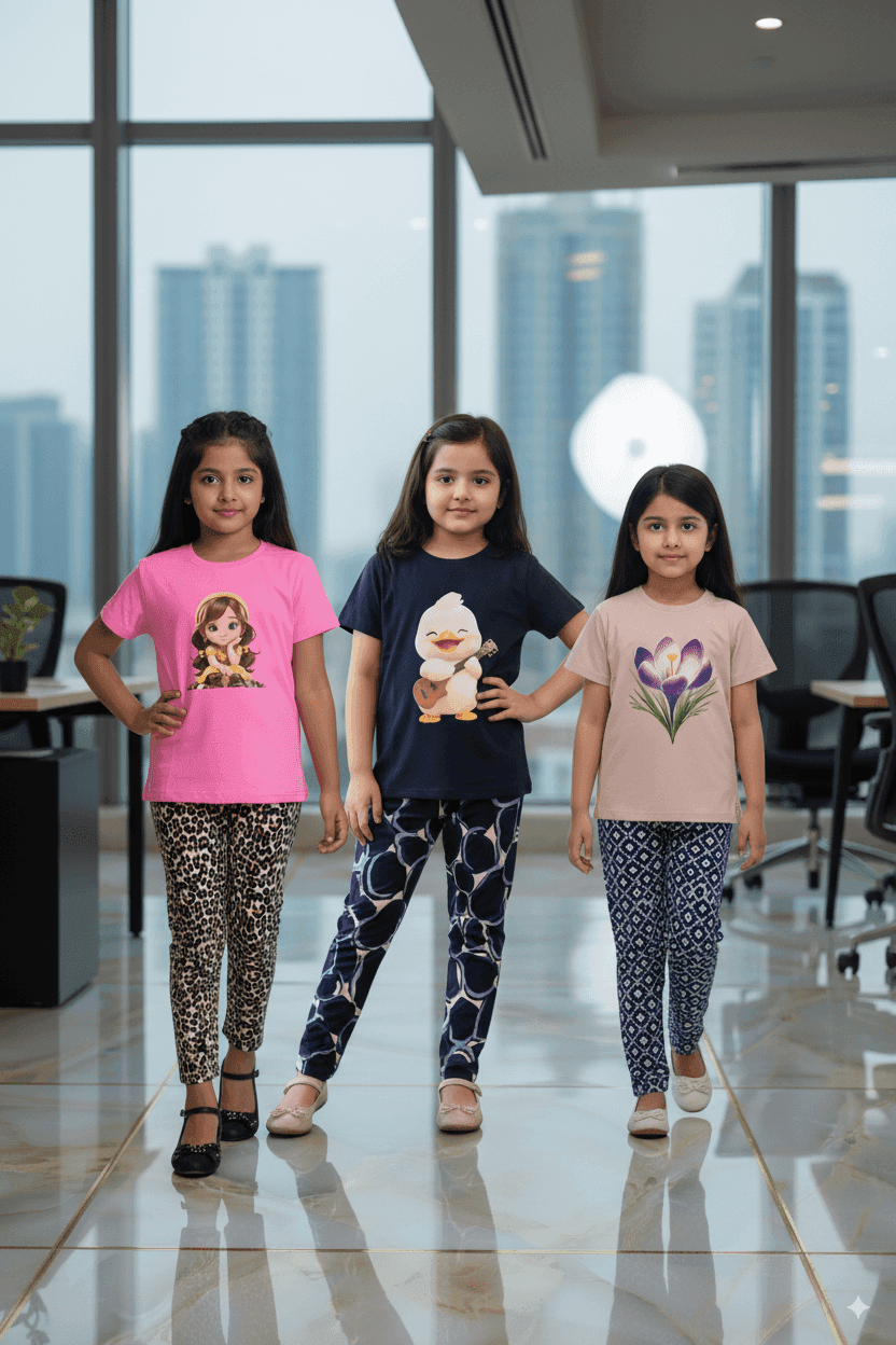 গার্লস লেগিংস এবং টি-শার্ট কম্বো সেট || Combo Code: OTL-D13 || Size 3-4 Years