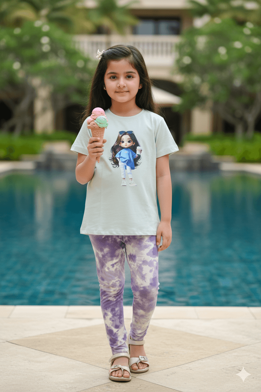 গার্লস লেগিংস এবং টি-শার্ট কম্বো সেট || Combo Code: OTL-735 || Size 7-8 Years - Image 3