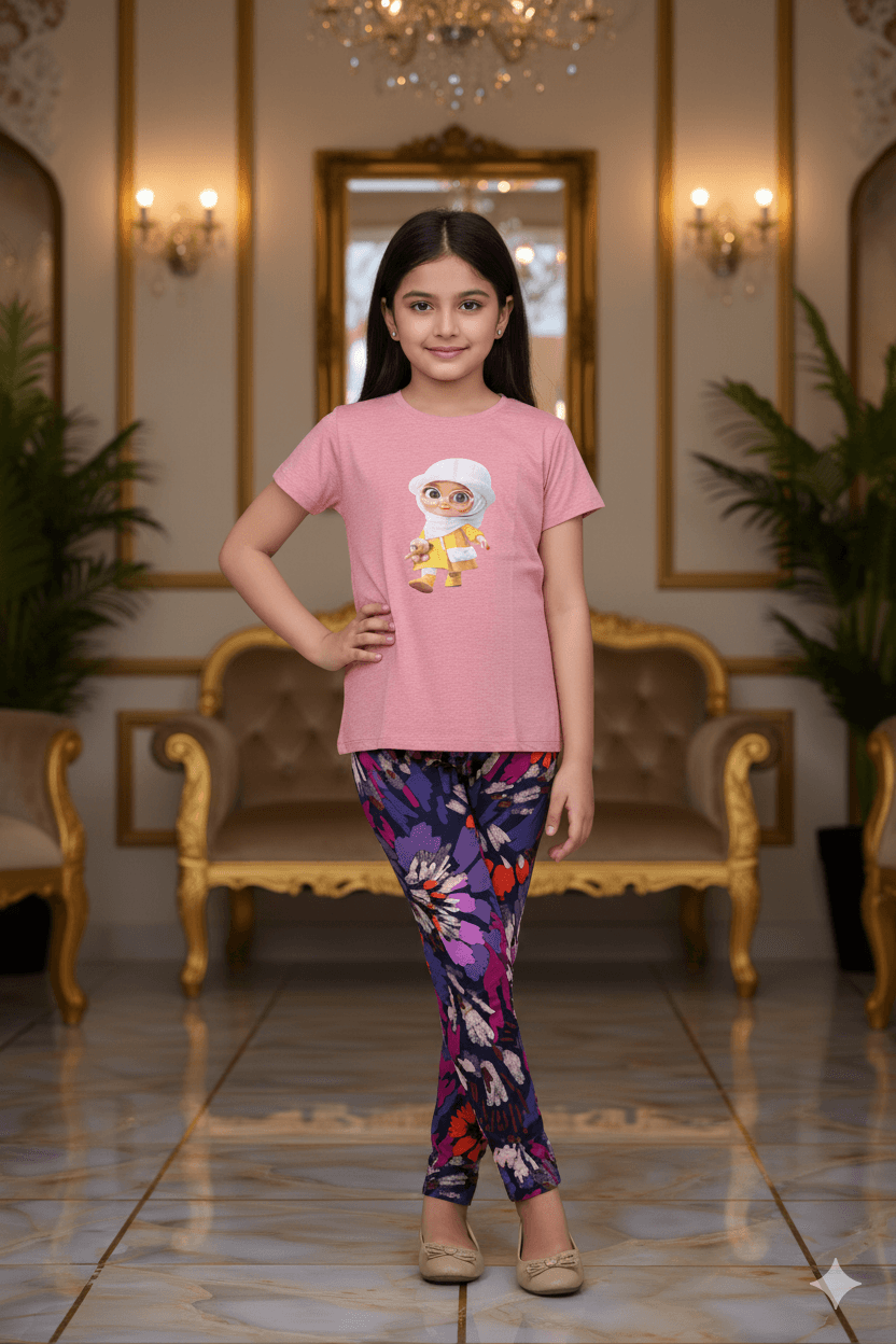 গার্লস লেগিংস এবং টি-শার্ট কম্বো সেট || Combo Code: OTL-1117 || Size 11-12 Years - Image 2