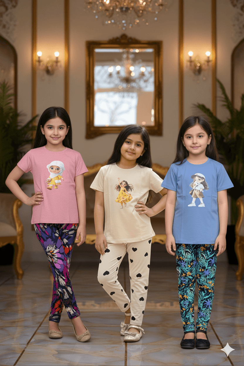 গার্লস লেগিংস এবং টি-শার্ট কম্বো সেট || Combo Code: OTL-1117 || Size 11-12 Years